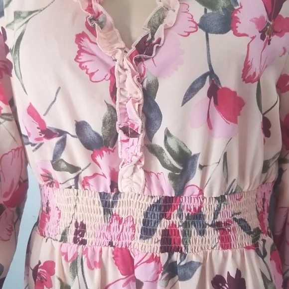 KOjOOIN Pink Floral Smocked Tiered Midi Dress SZ L - Picture 9 of 17